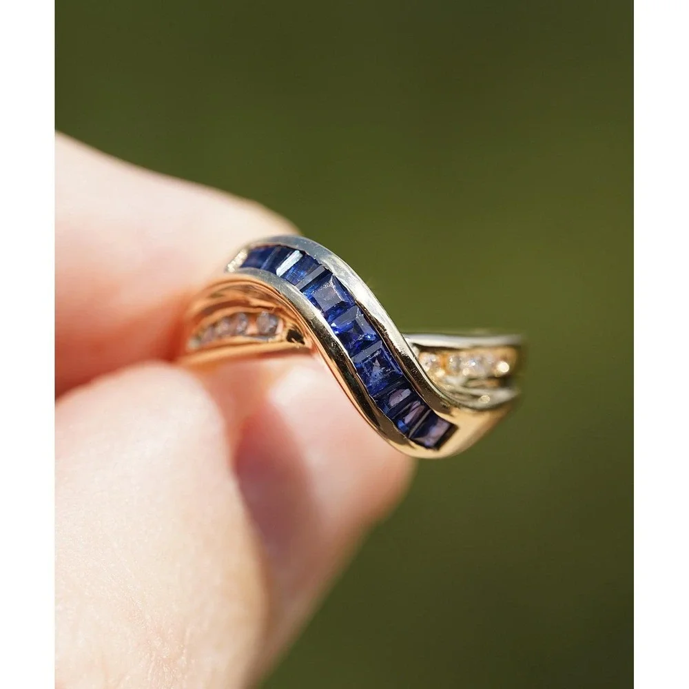 VIntage 14k Solid Yellow Gold Blue Sapphire & High Quality Diamond Ring Baguette - Picture 1 of 8